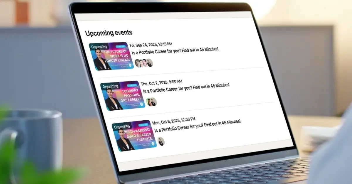 Laptop on Home Office Desk. Screen shows 3 Free Webinar Events of Andreia Fernandes' Portfolio Career Programme.